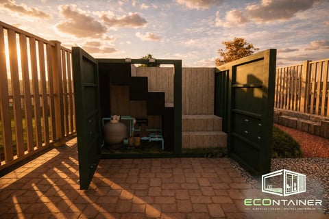 Contenedor negro ECOntainer abierto al atardecer con patio de ladrillo