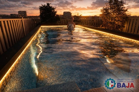 Vista rooftop con alberca al atardecer
