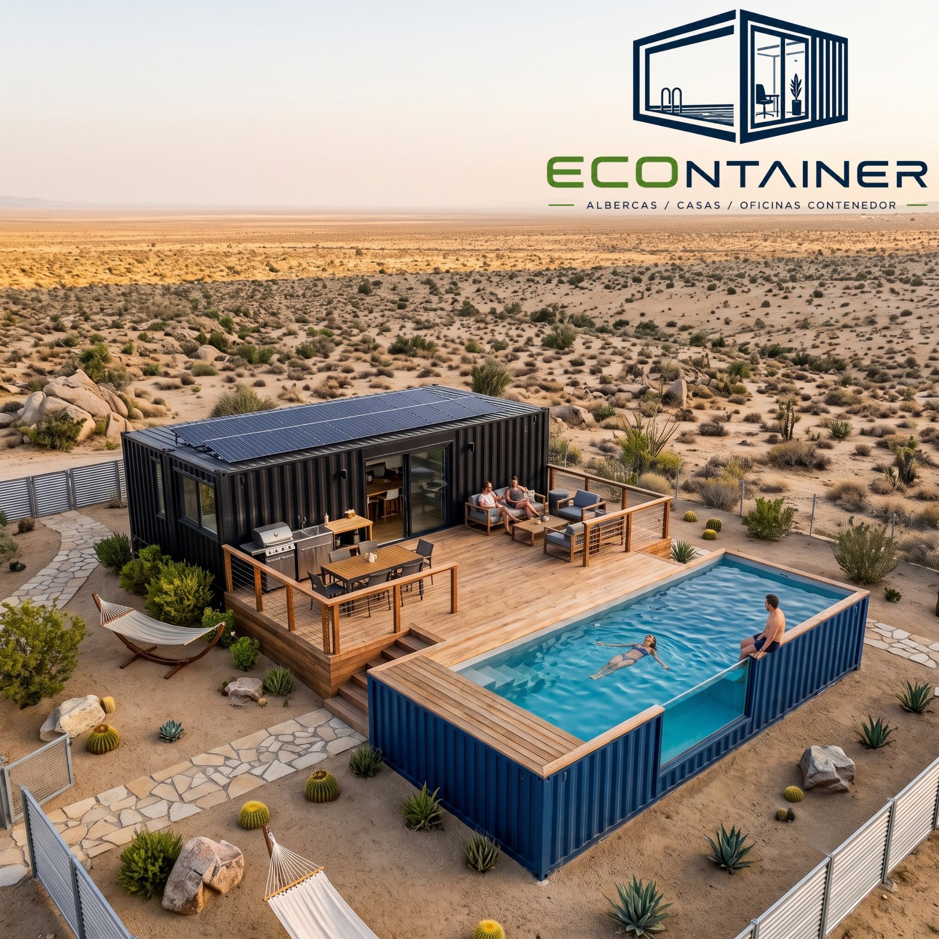 Casa contenedor ECOntainer con alberca y paneles solares en el desierto de Mexicali