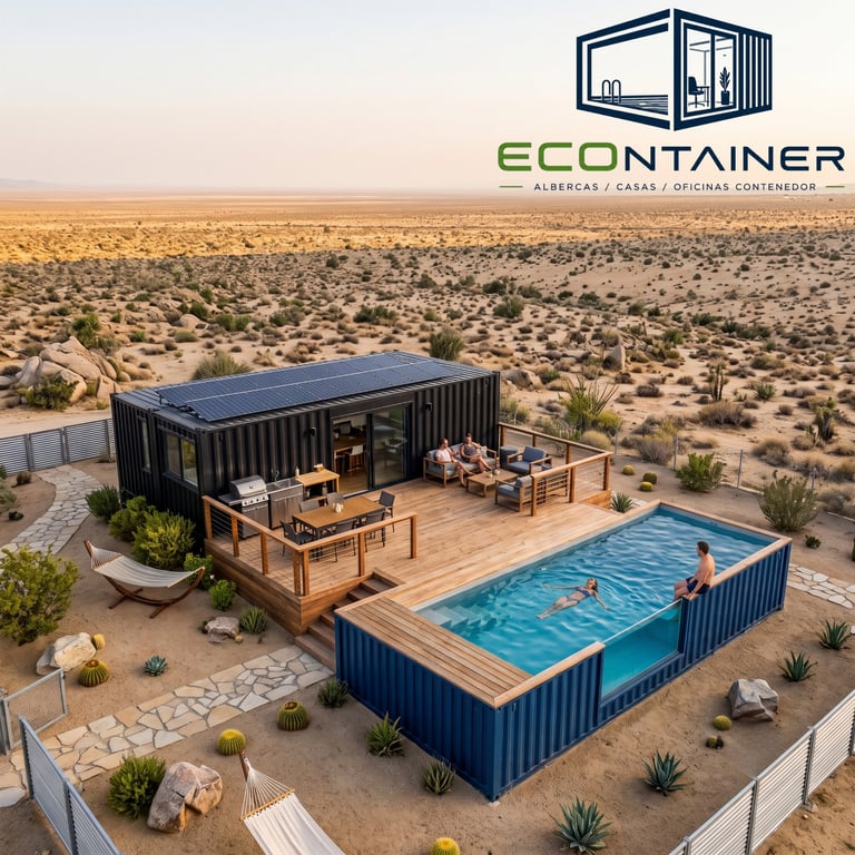 Casa contenedor con alberca y paneles solares en el desierto de Mexicali, pensada para el calor extremo