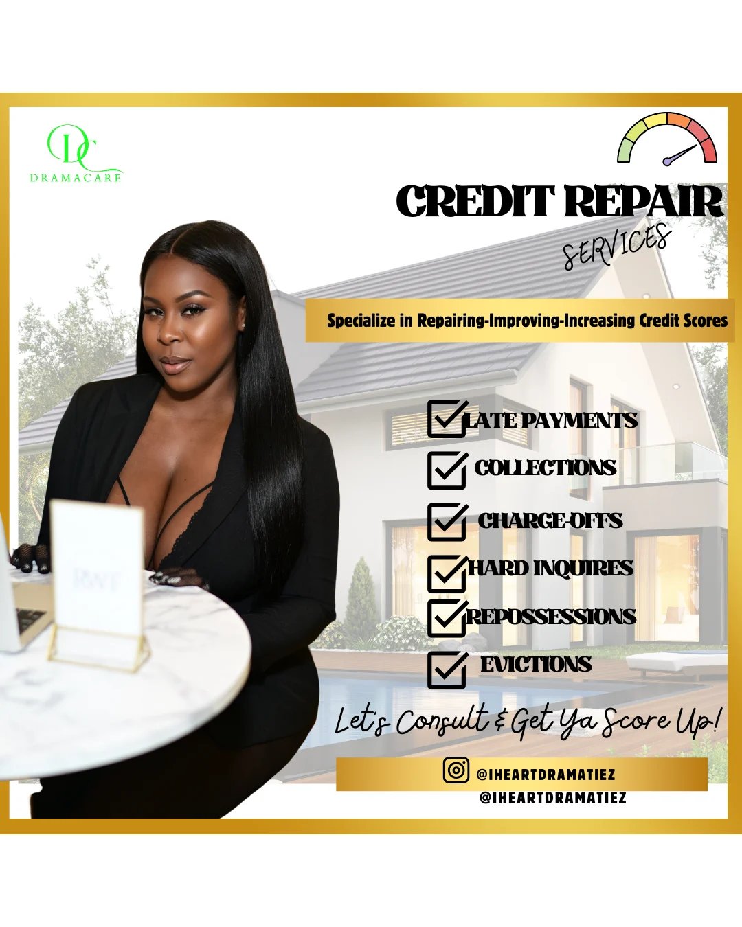 Credit repair services advertisement featuring woman in black blazer with list of services: late payments, collections, charge-offs, hard inquiries, repossessions, evictions