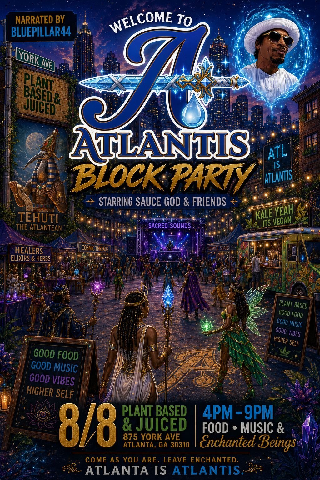 Welcome to Atlantis Block Party official flyer — Starring Sauce God & Friends, August 8 at Plant Based & Juiced in Atlanta