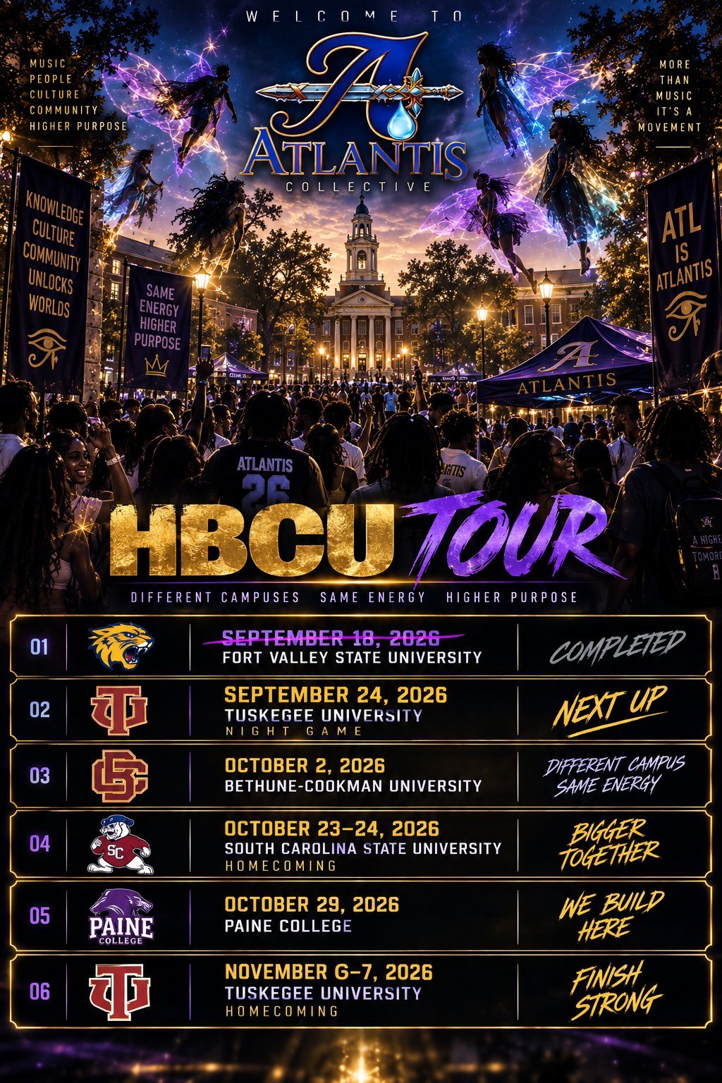 Welcome To Atlantis Collective HBCU Tour 2026 official flyer — Different Campuses, Same Energy, Higher Purpose. Six campus stops from September through November 2026 at Fort Valley State, Tuskegee, Bethune-Cookman, South Carolina State, and Paine College