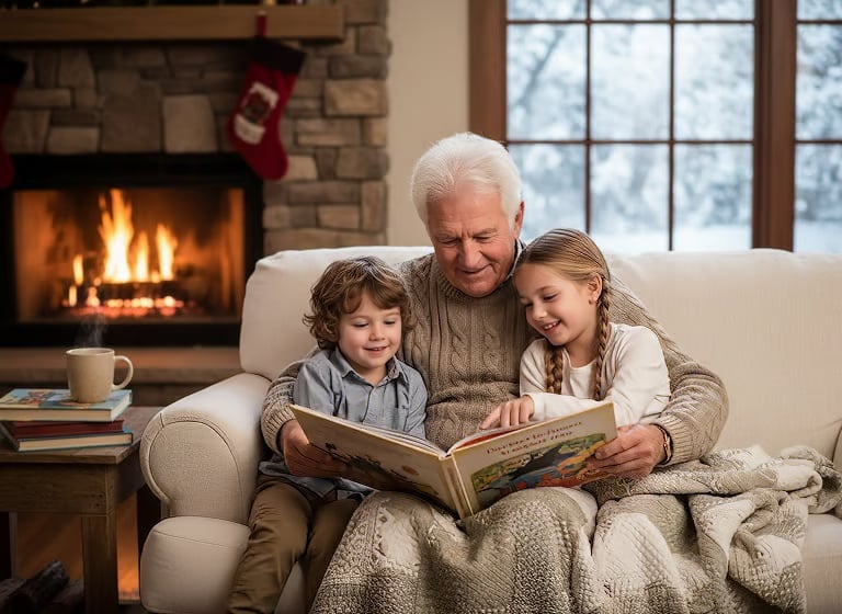 Grandfather reading a picture book with two grandchildren on a couch by a fireplace during winter
