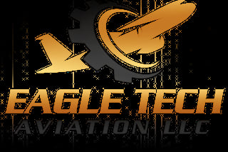 Eagle Tech Aviation LLC logo featuring golden aircraft and gear symbol on dark background