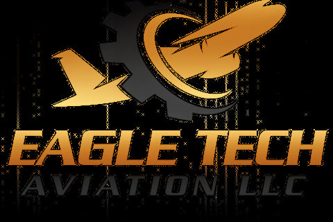 Eagle Tech Aviation LLC logo featuring golden aircraft and gear symbol on dark background