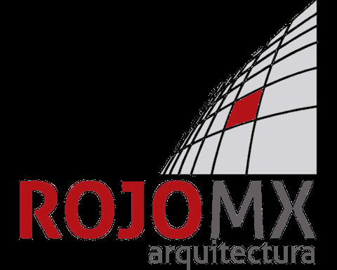 ROJO MX arquitectura logo featuring red and gray text with geometric gridded sphere design