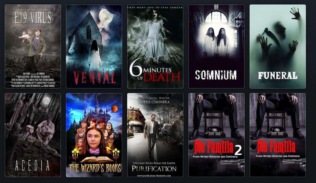 Collection of 10 horror movie posters arranged in a 2x5 grid, featuring titles like Edvigs, Venal, 6 Minutes to Death, Somnium, Funeral, Acedia, The Wizards Reign, Purification, and sequels