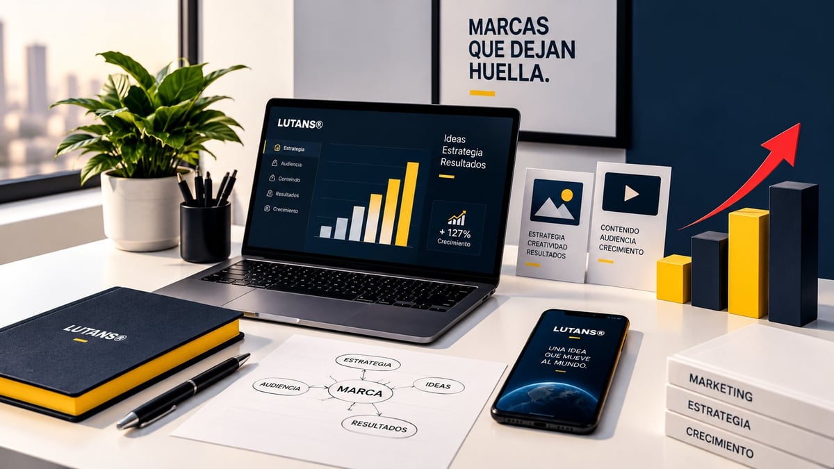 Modern office desk with laptop showing analytics dashboard, yellow and black branding materials, smartphone, and business growth charts with an upward arrow.