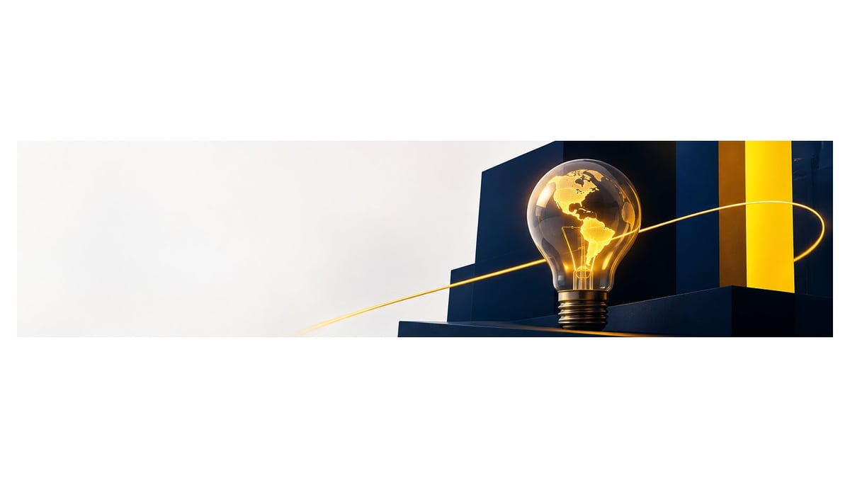 Glowing light bulb on dark blue background with yellow and blue striped element, representing innovation and ideas