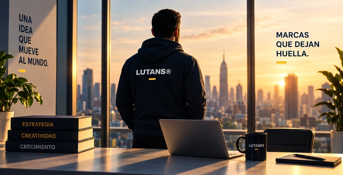 Persona con sudadera LUTANS® sentada frente a una ventana con vista a la ciudad al atardecer