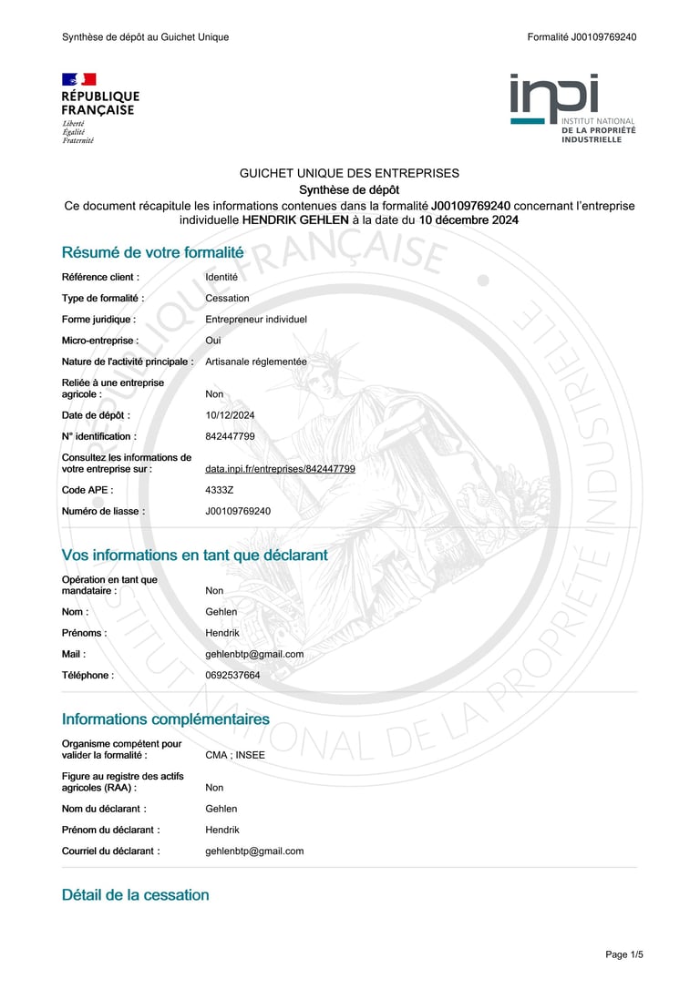 French INPI business cessation form with filing information for GUICHET UNIQUE DES ENTERPRISES, dated December 16, 2024