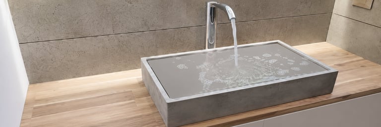 Modernes rechteckiges Waschbecken mit Chromarmatur auf einem hölzernen Waschtisch in einem gefliesten Badezimmer