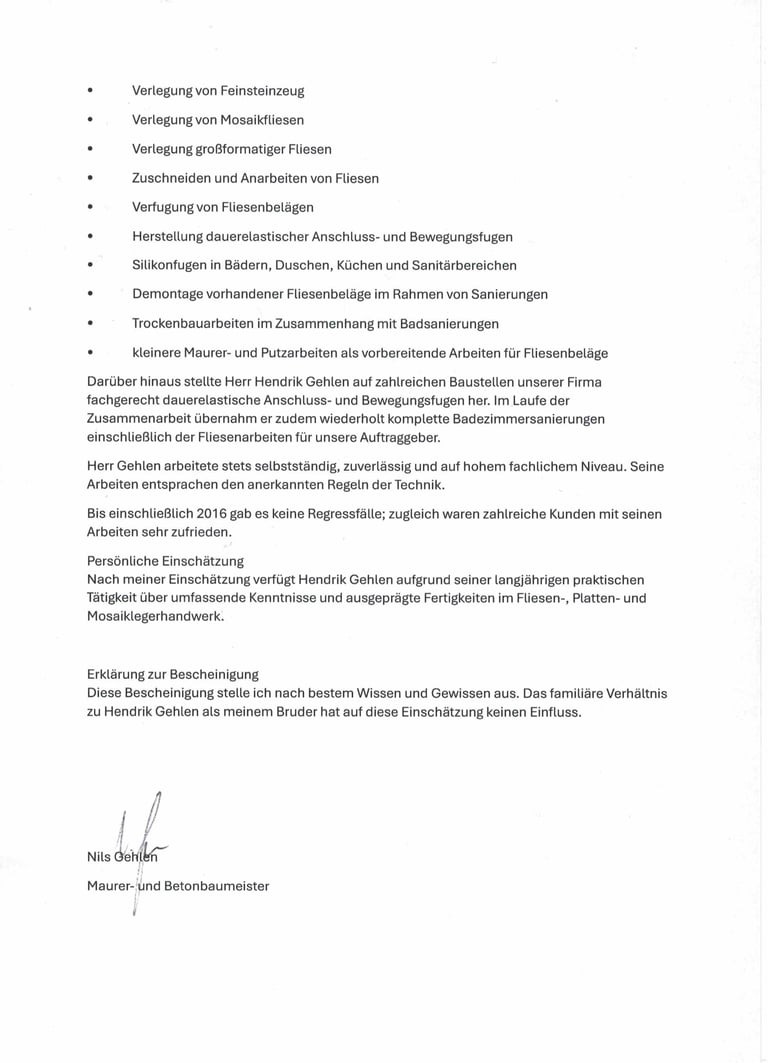 German business document with bullet points listing construction and renovation services, signed by Nils Gehlen, Maurer- und Betanbauermeister