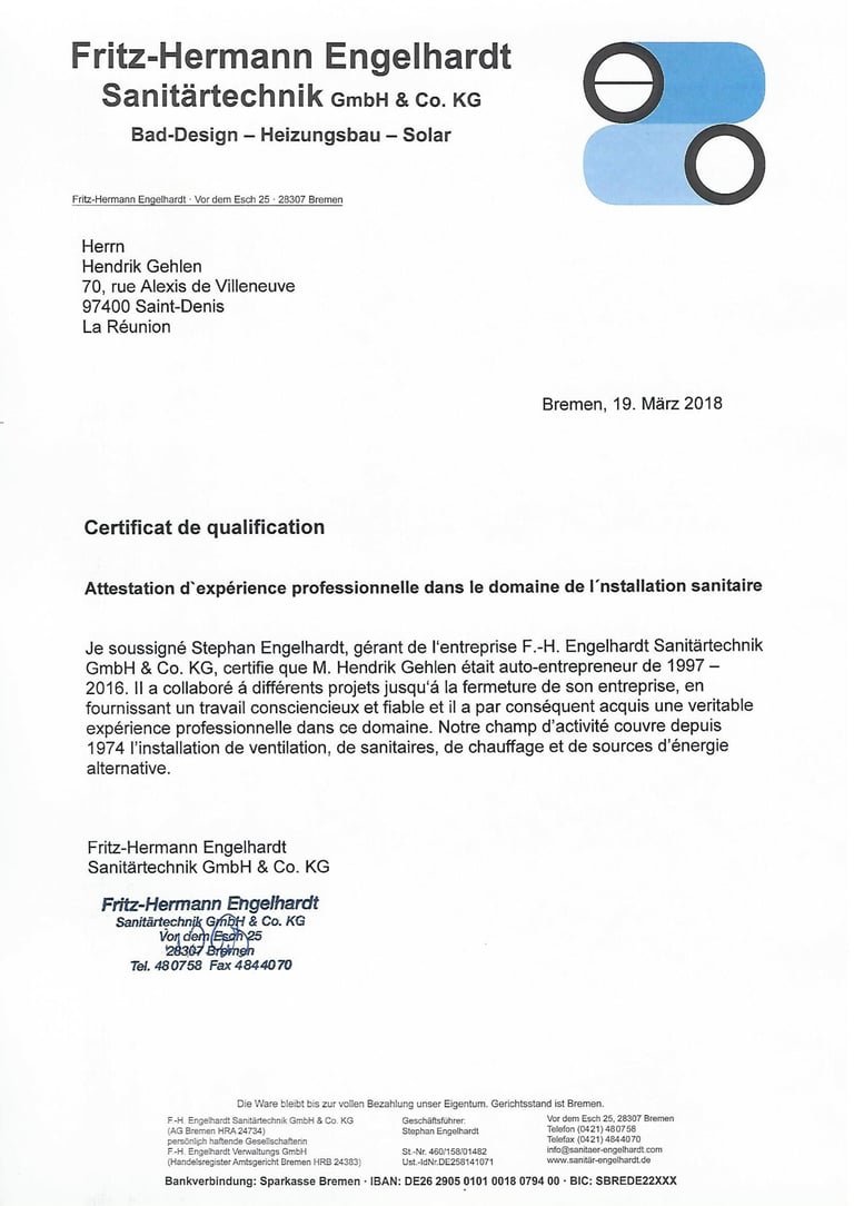 Professional qualification certificate from Fritz-Hermann Engelhardt Sanitärtechnik dated March 19, 2018 in German