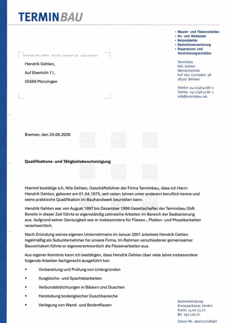 Letter from Terminbau company dated June 29, 2026, addressed to Hendrik Gohlen regarding qualifications and work experience