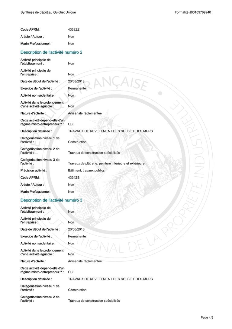 French business registry document showing SIRET number 433322 with details about two establishment activities related to soil and wall construction work