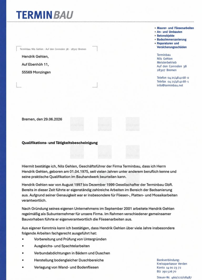 German business letter from TerminBAU dated June 29, 2026, regarding qualifications and competencies of Hendrik Gehlen