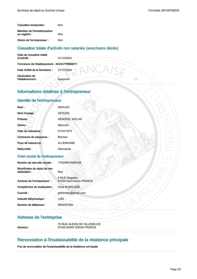 French business registration document showing company details, entrepreneur information, and address with watermarked seal