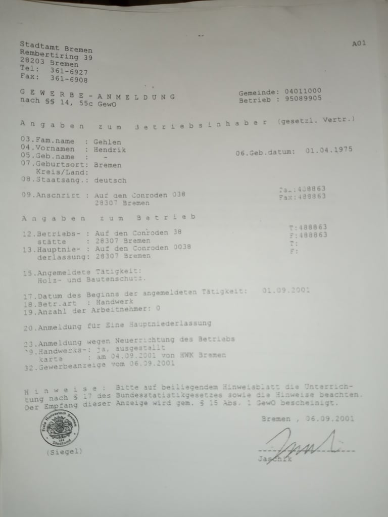 Amtliche Gewerbeanmeldung der Stadt Bremen mit Stempel, Unterschrift und Eintragungsdaten
