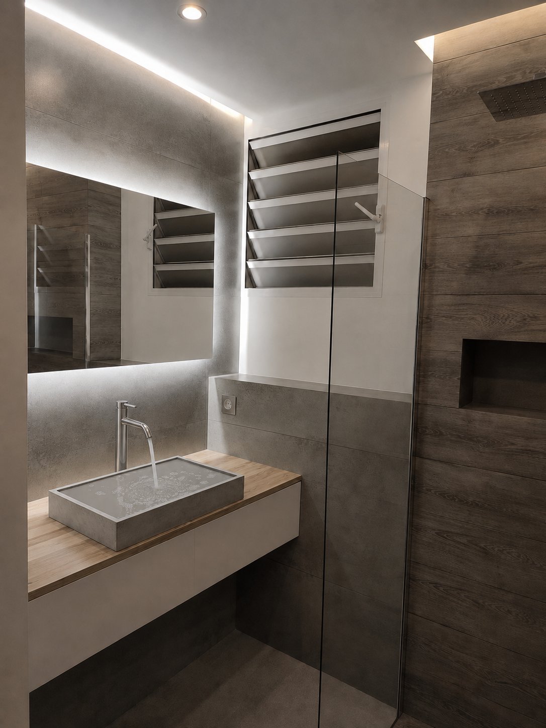 Modern bathroom with illuminated mirror, concrete sink, open shelving, and glass shower enclosure with dark tile accents.