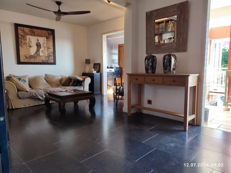 Modern living room with cream sofa, dark coffee table, and wooden console table with shelving against a light wall.