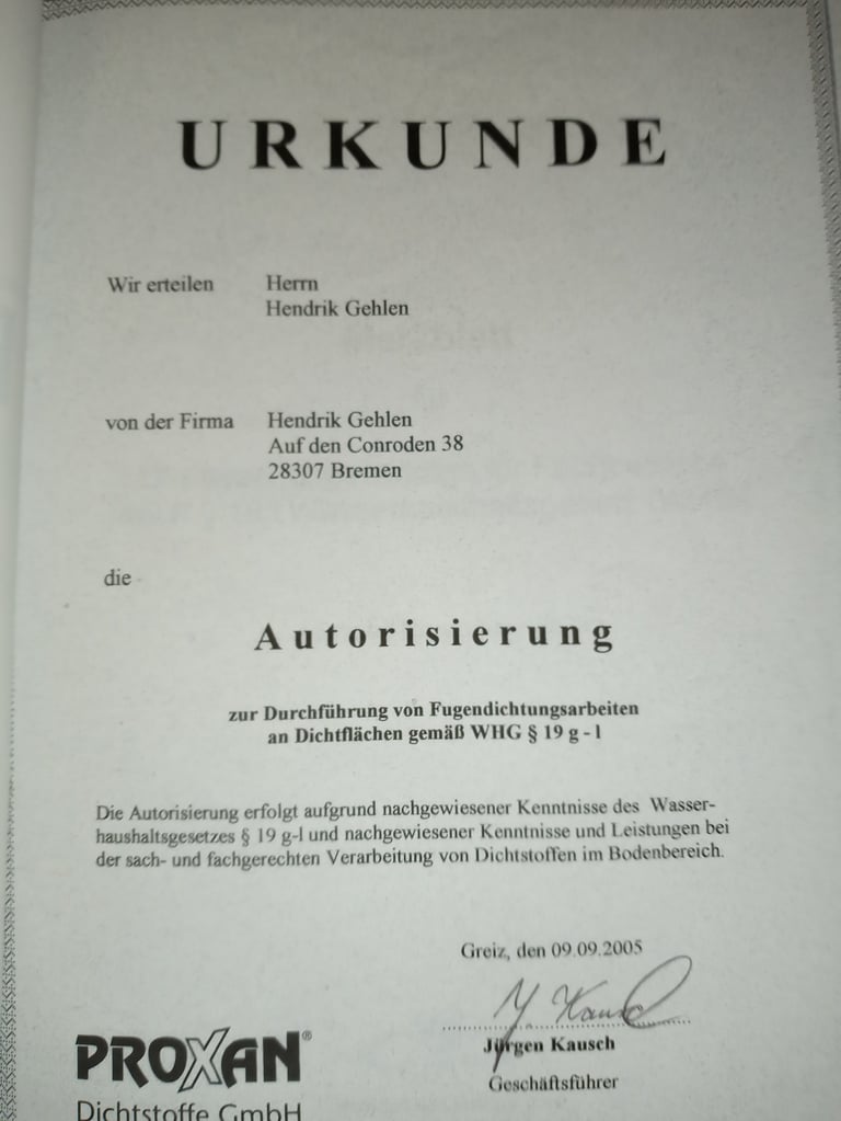 Autorisierungsurkunde der Proxan Dichtstoffe GmbH mit Unterschrift des Geschäftsführers und Firmenstempel