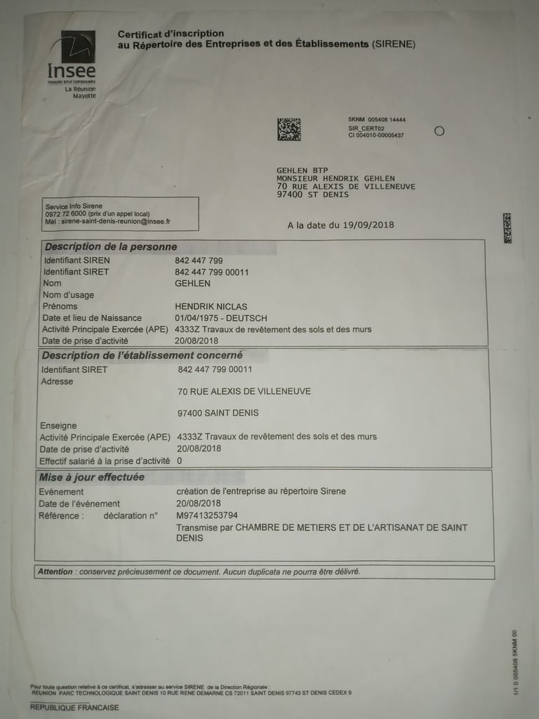 French government certificate of inscription for a business establishment, issued by INSEE with company registration details and address information