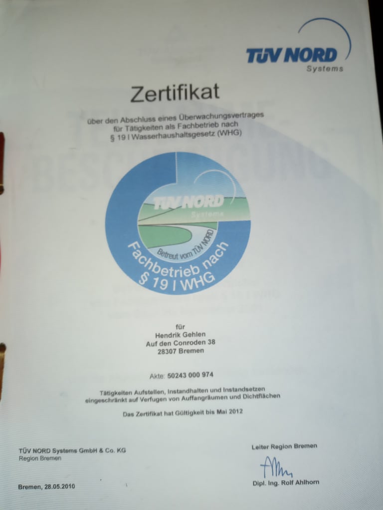TÜV NORD Systems Zertifikat über den Abschluss eines Überwachungsvertrages nach § 19 I WHG für Hendrik Gehlen, Bremen 2010