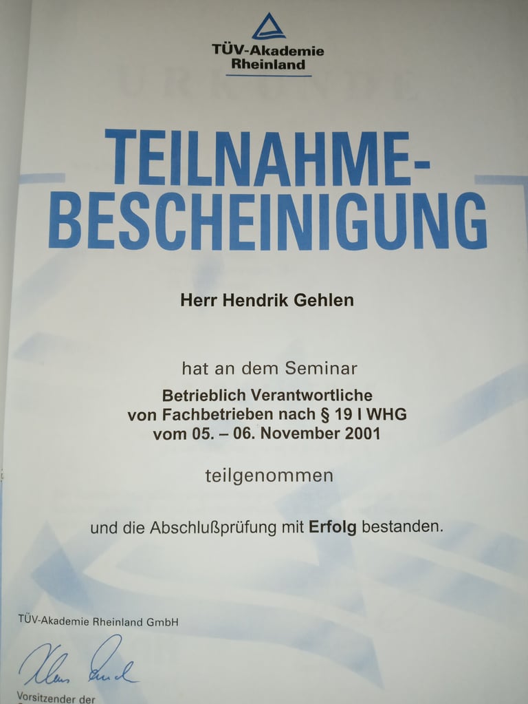 Certificate of participation from TUV-Akademie Rheinland for Hendrik Gehlens attendance at a November 2001 seminar on business responsibility