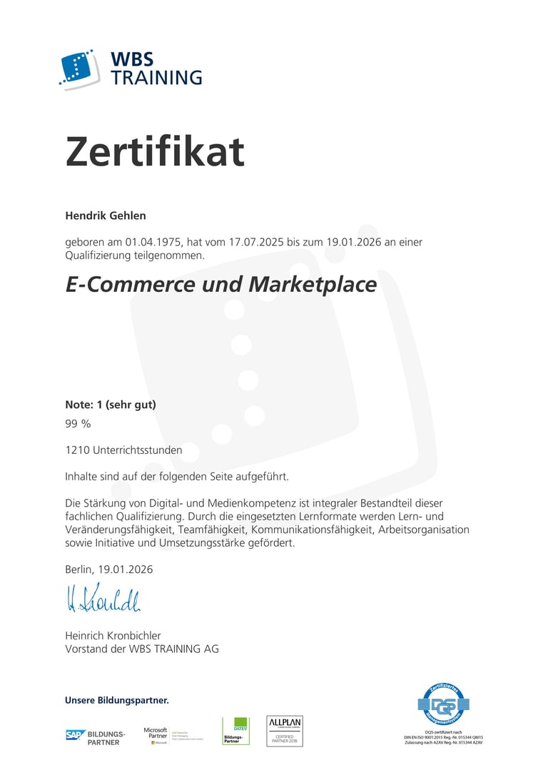WBS Training certificate for E-Commerce and Marketplace course completed by Hendrik Gehlen with 99% grade and 1210 hours