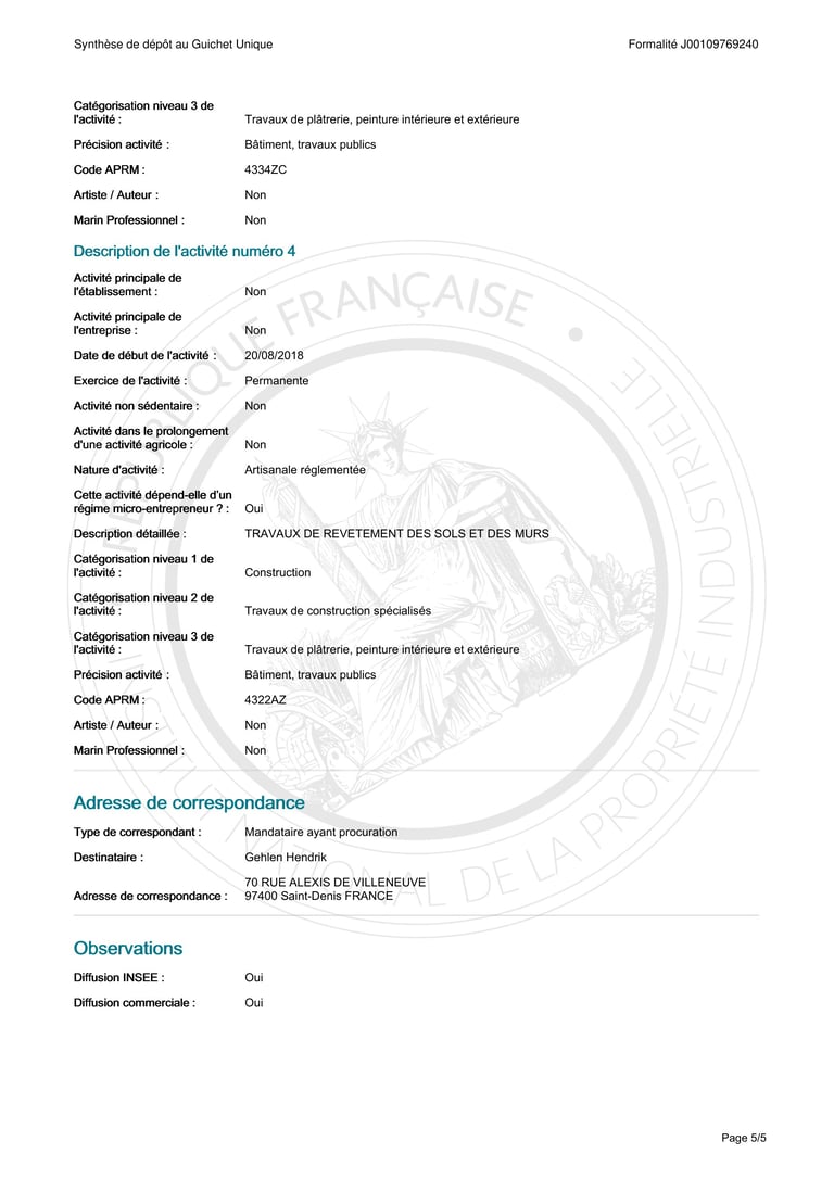 French administrative document showing building work registry details with sectoral classification, activity description, and correspondence address information