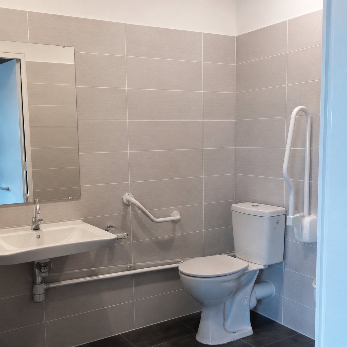 Barrierefreies Badezimmer mit grauen Fliesen, WC, Waschbecken, Haltegriffen und Dusche mit Glasabtrennung