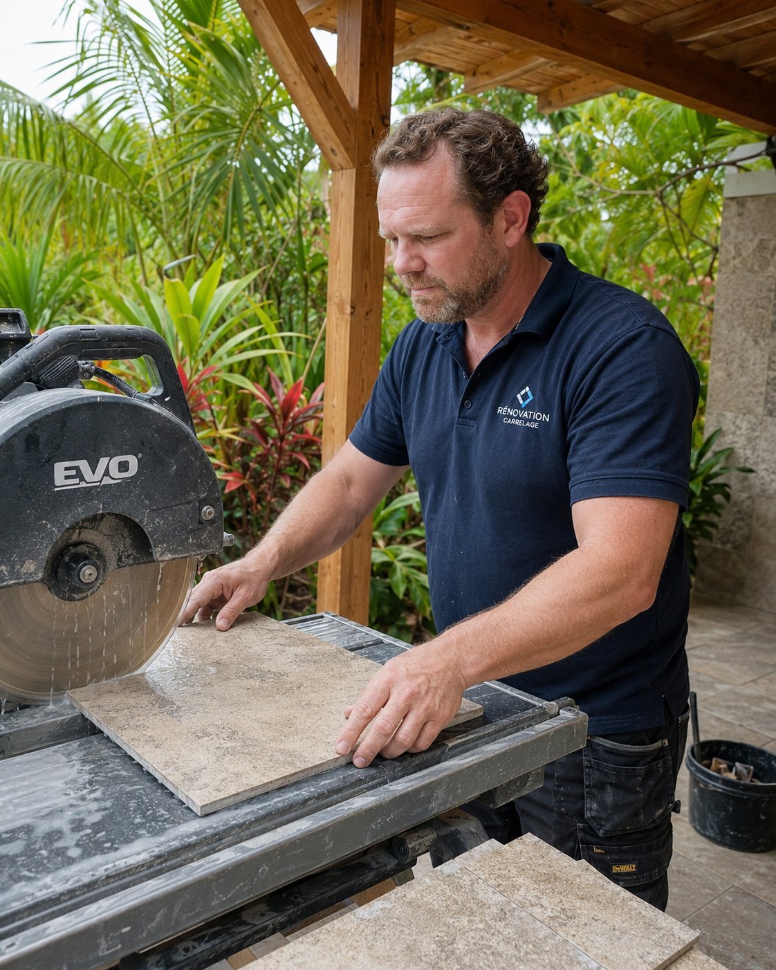 Man in navy polo shirt operating a wet saw to cut stone tile outdoors under a wooden pergola with tropical plants