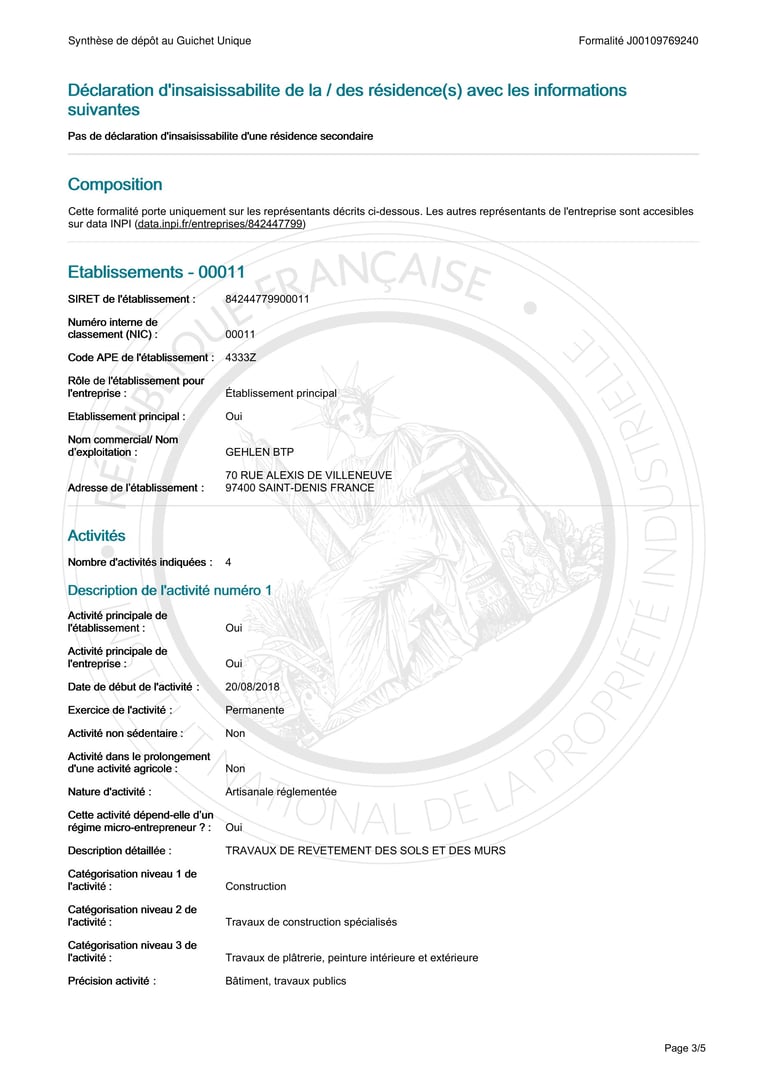 French tax form showing declaration of non-agricultural use of residence with establishment details and activity descriptions
