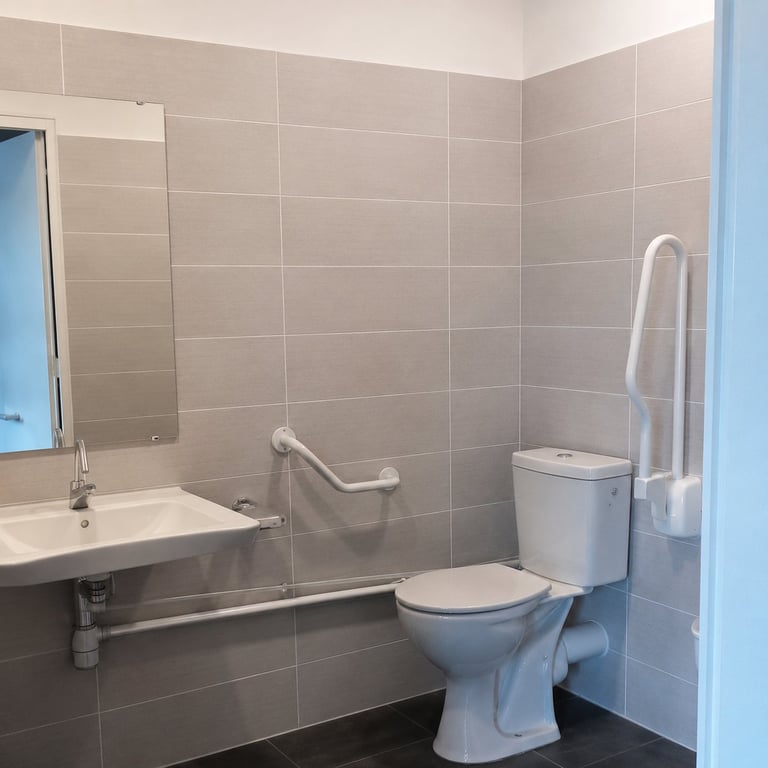 Barrierefreies Badezimmer mit weißem WC, Waschbecken, Haltegriffen und grauen Fliesenwänden mit Walk-in-Duschbereich