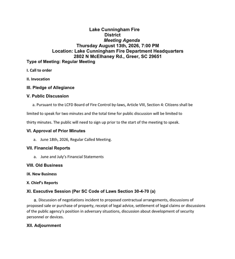 Agenda for Lake Cunningham Fire District meeting on August 13, 2026, at 7:00 PM listing call to order, invocation, pledge, public discussion, and other business items.