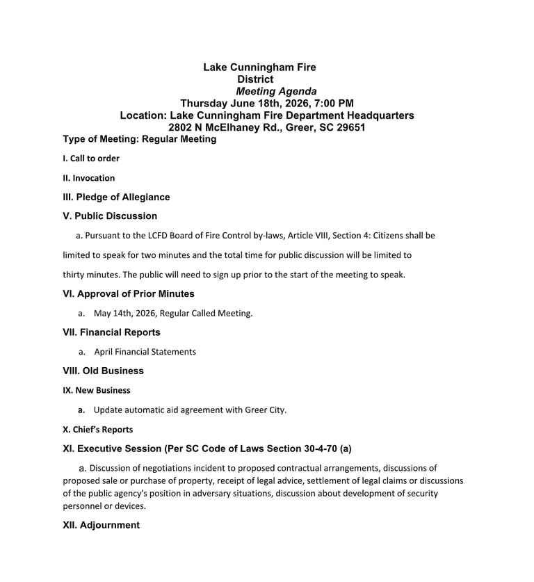 Lake Cunningham Fire District meeting agenda for June 18, 2026, scheduled at Fire Department Headquarters in Greer, SC at 7:00 PM
