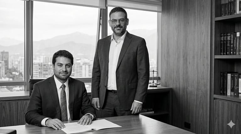 Two businessmen in an office with city skyline view. One seated at desk reviewing documents, one standing beside him wearing glasses.