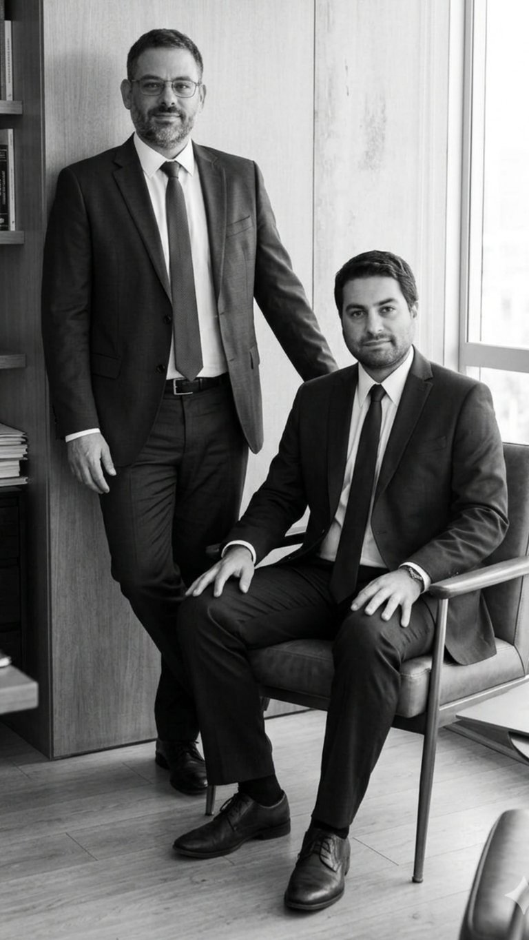 Two men in business suits pose in an office. One stands while the other sits in a chair. Black and white professional photograph.