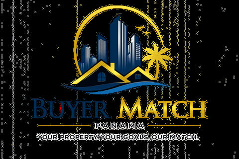 Buyer Match Panama logo featuring blue skyscrapers, yellow circle, palm tree, and wavy water design with tagline on dark background