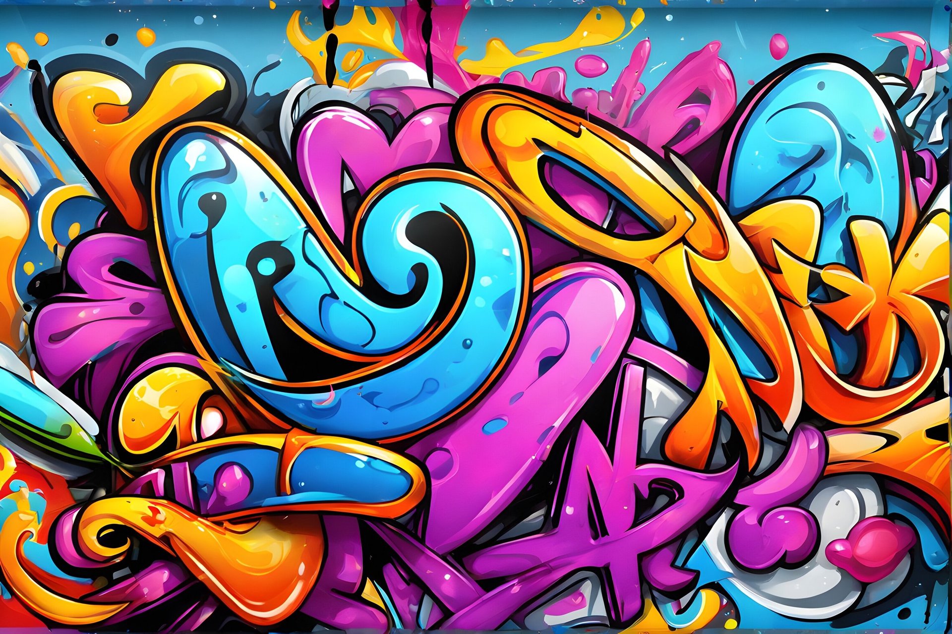 Vibrant street art graffiti with colorful interlocking letters and abstract shapes in blue, pink, yellow, and orange
