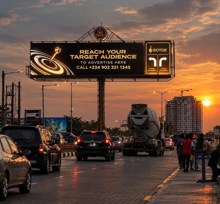 Large billboard advertisement at sunset on urban highway with vehicles and buildings in background