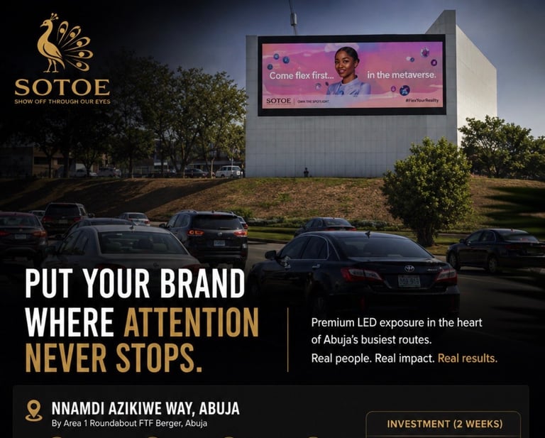 Large digital billboard advertising premium billboard space on a busy Abuja highway with parked cars below and text promoting brand visibility