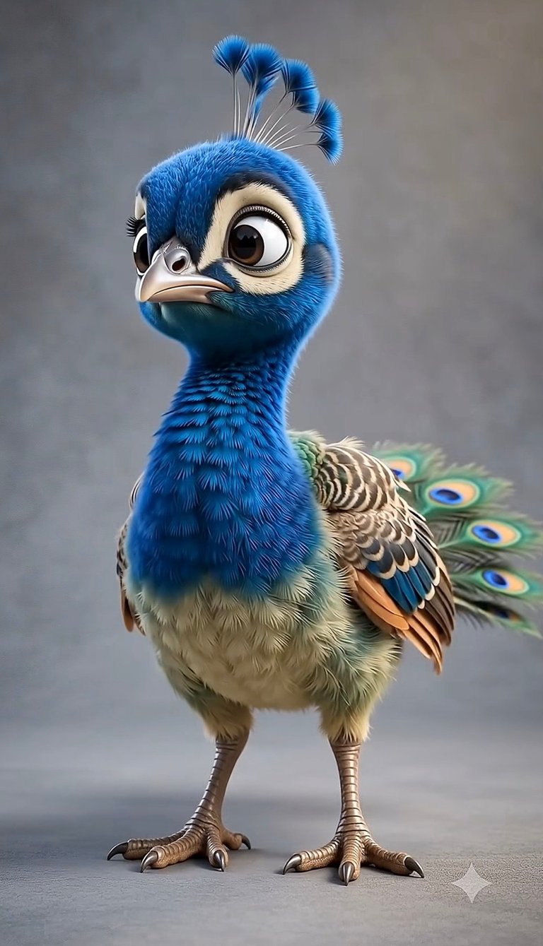 3D animated blue peacock with expressive eyes, cream belly, bronze legs, and decorative tail feathers with eye spots