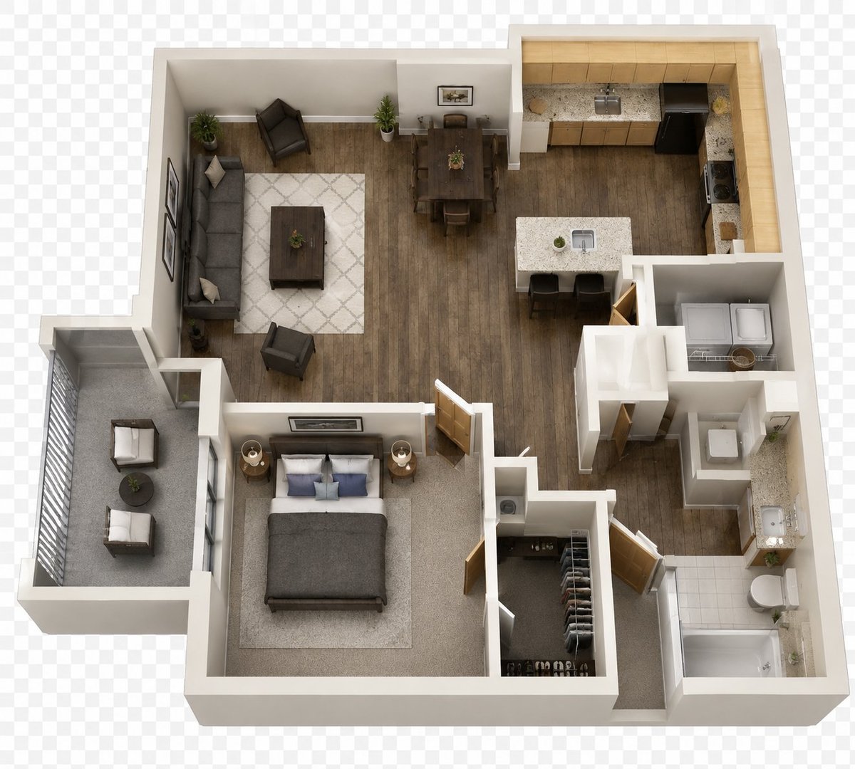 3D floor plan of a one-bedroom apartment with living room, kitchen, bathroom, and bedroom