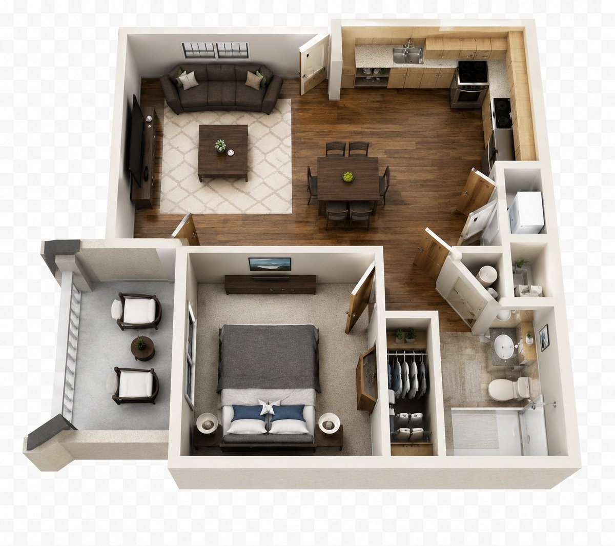 3D floor plan of a one-bedroom apartment showing living room, kitchen, bedroom, and bathroom layout