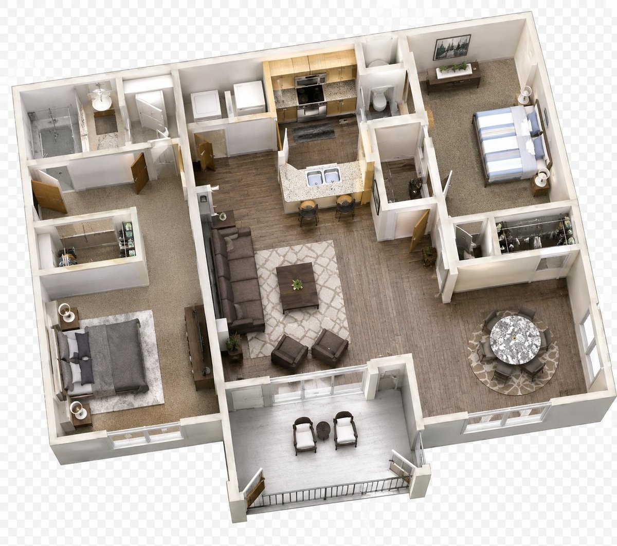 3D isometric floor plan of a 2-bedroom apartment showing kitchen, living area, bathrooms, and two garages
