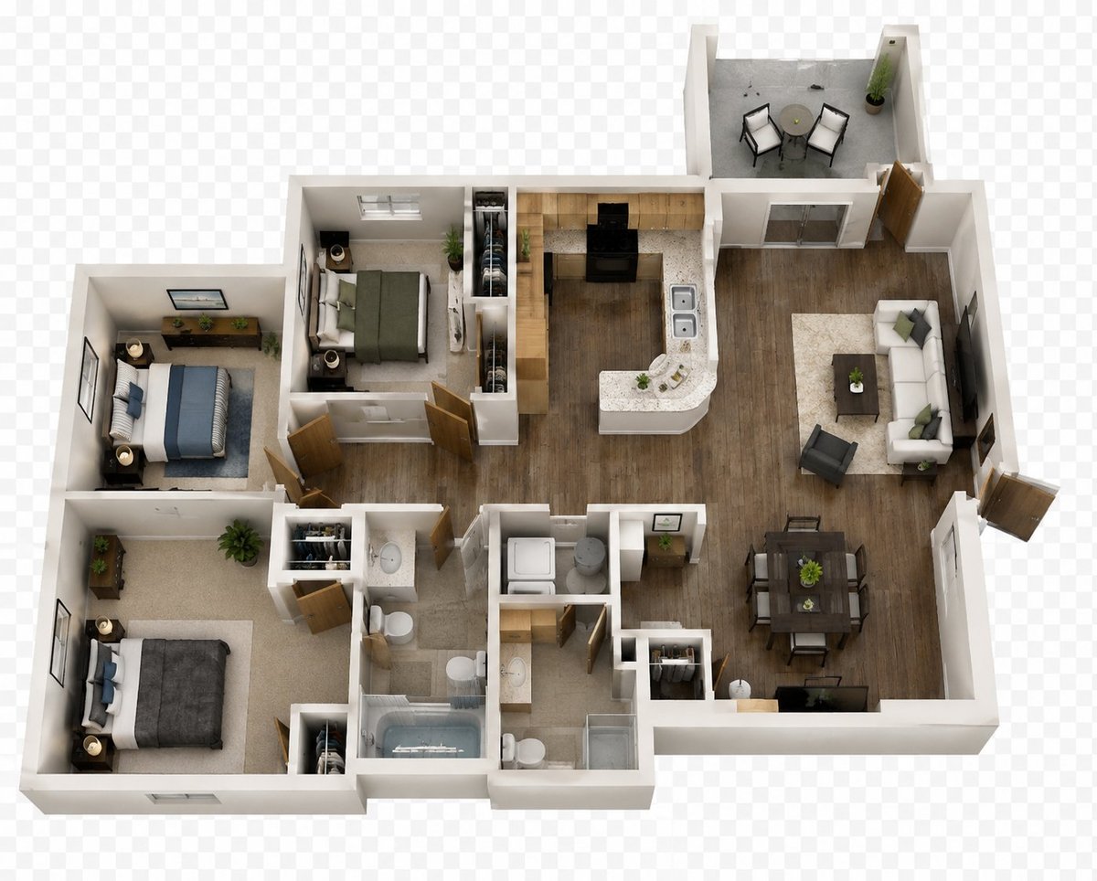 3D floor plan layout of a multi-bedroom apartment with living spaces, kitchen, and bathrooms