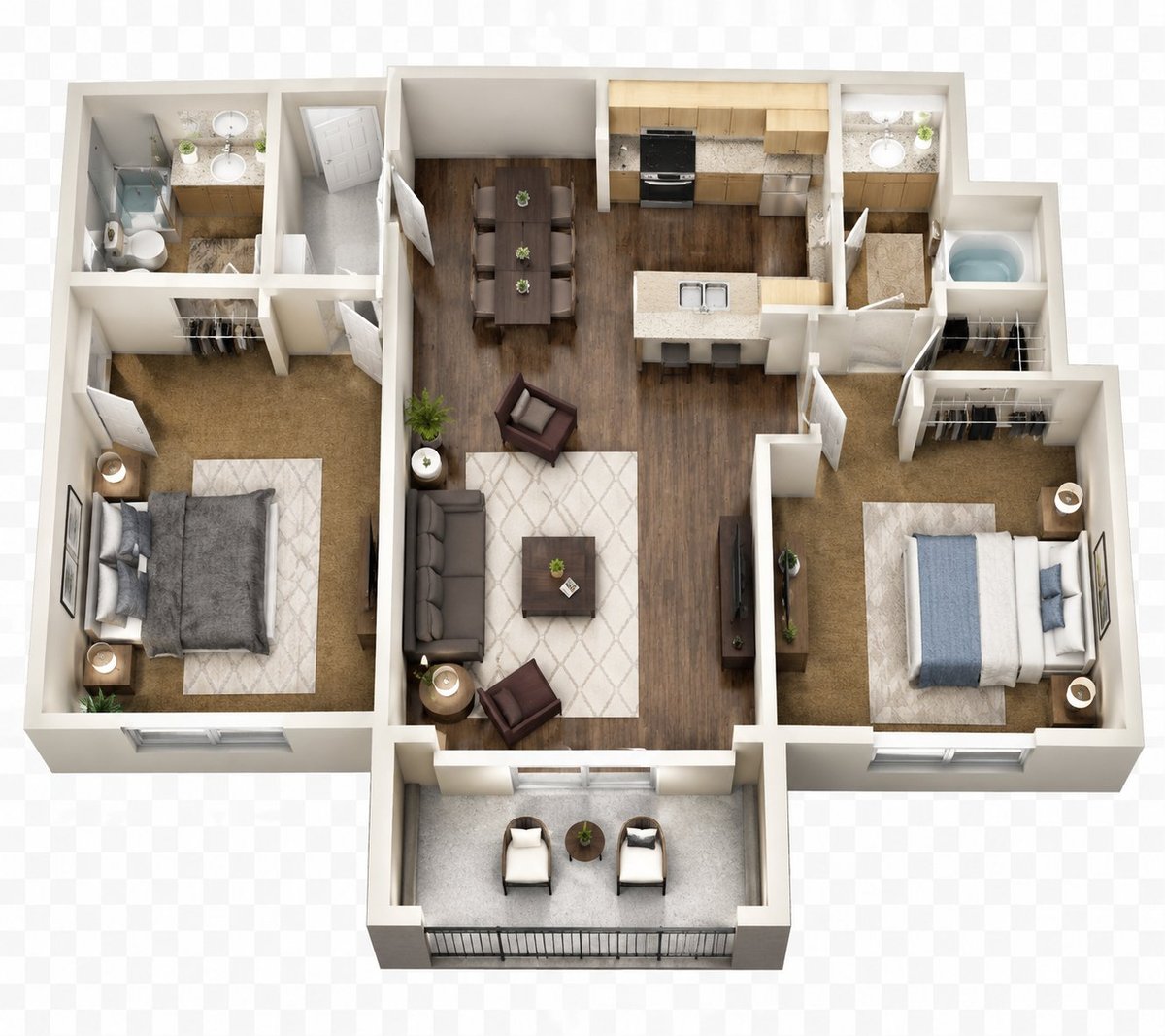 3D floor plan of a two-bedroom apartment with living room, kitchen, bathrooms, and entry foyer